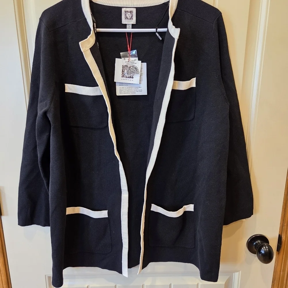 Anne KleinTipped Patch-Pocket Cardigan Women's Medium Black Open Front